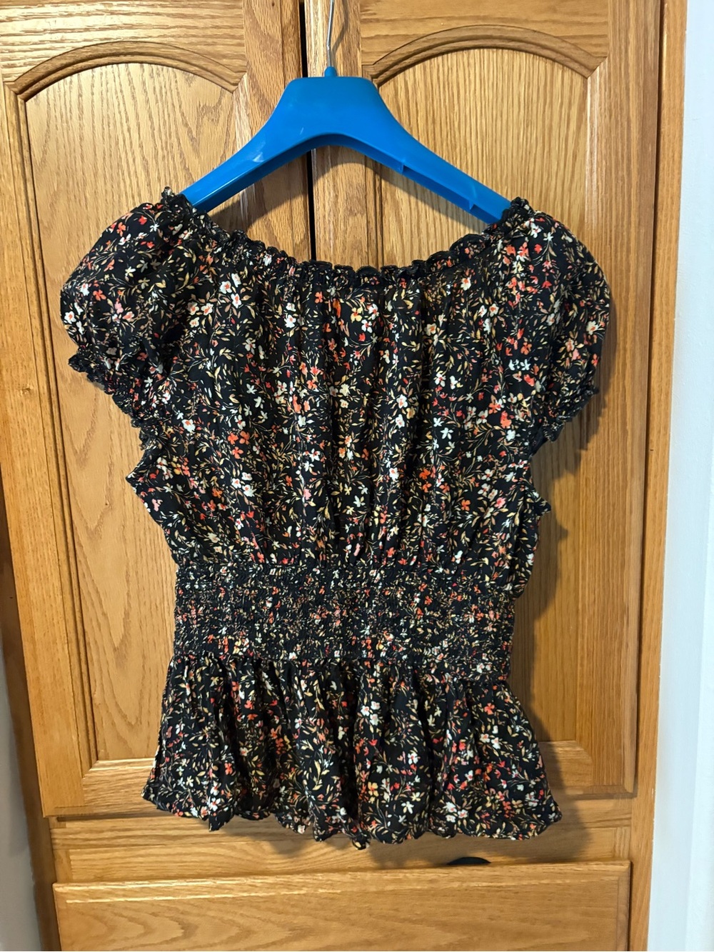Old Navy Black Floral Smocked Off-Shoulder Top